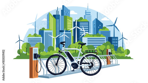 Flat modern illustration of an electric bicycle parked in a smart environment. Perfect for eco mobility, green urban commuting, and modern lifestyle content