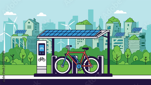 Flat modern illustration of an electric bicycle parked in a smart environment. Perfect for eco mobility, green urban commuting, and modern lifestyle content