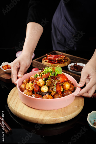 Slika na platnu Spicy Chinese Hot Pot - Authentic Braised Meat and Vegetable Dish