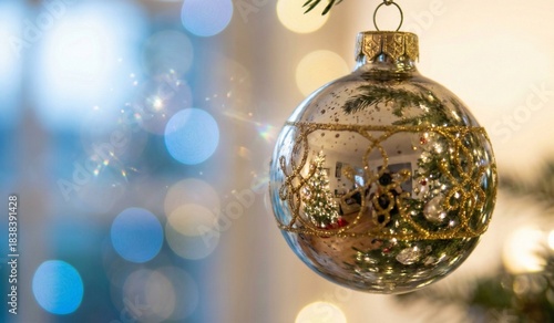 golden christmas ballclose-up of a Christmas tree ornament reflecting magical lights, soft blue and gold bokeh in the background, dreamy holiday sparkle effect.