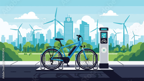 Flat modern illustration of an electric bicycle parked in a smart environment. Perfect for eco mobility, green urban commuting, and modern lifestyle content