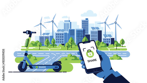 Flat illustration of a person unlocking an e-scooter using a mobile app. Great for shared mobility, modern city transportation, and digital commuting solutions
