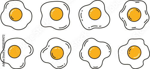 Eight different styles of cute cartoon fried eggs with bright yellow yolks and thick black outlines on a white background