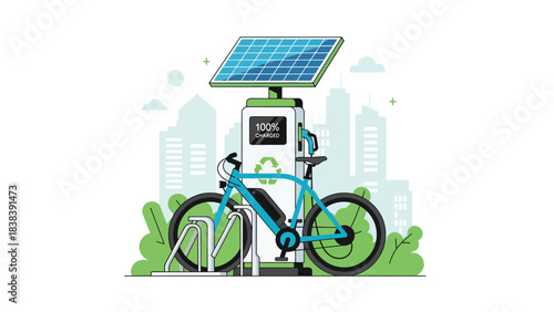 Flat modern illustration of an electric bicycle parked in a smart environment. Perfect for eco mobility, green urban commuting, and modern lifestyle content