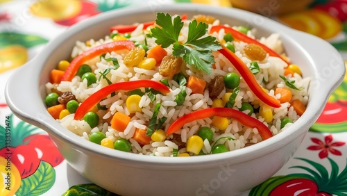 Traditional Vegetable Rice Side Dish Bright Colors Festive Tablecloth Natural Light