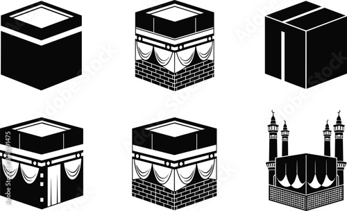 Kaaba icon set, black silhouette Islamic sacred structure in various stylized views, cad drawing flat vector illustration