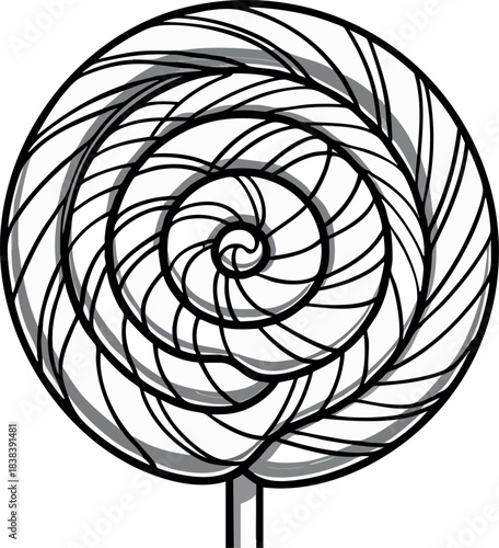 A black and white illustration of a swirled lollipop with twisted candy stripes on a stick.
