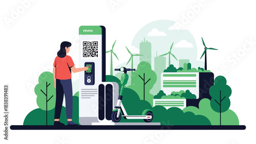 Flat illustration of a person unlocking an e-scooter using a mobile app. Great for shared mobility, modern city transportation, and digital commuting solutions