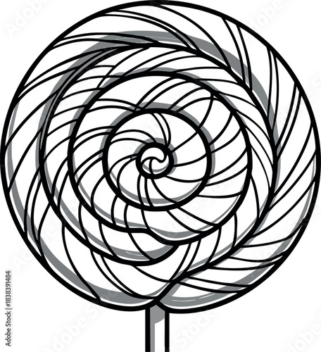 A black and white illustration of a swirled lollipop with twisted candy stripes on a stick.