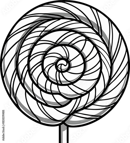 A black and white illustration of a swirled lollipop with twisted candy stripes on a stick.