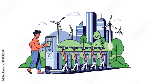 Flat illustration of a person unlocking an e-scooter using a mobile app. Great for shared mobility, modern city transportation, and digital commuting solutions