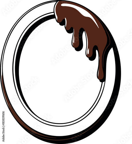 A round blank frame with dripping chocolate illustration, styled as a fun cartoon dessert border.
