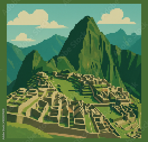 Machu Picchu Peru Mountain Landscape Vector Illustration in Pixel Art Mosaic Halftone Rhinestone Dotwork Style for Travel Tourism Poster Wall Decor Ancient Ruins Design