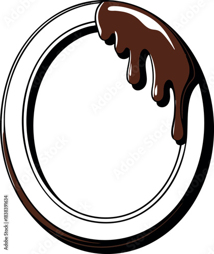 A round blank frame with dripping chocolate illustration, styled as a fun cartoon dessert border.