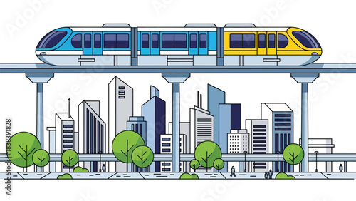 Flat design of a futuristic monorail running above modern buildings and green city elements. Great for advanced public transport and smart mobility concepts