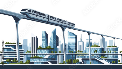 Flat design of a futuristic monorail running above modern buildings and green city elements. Great for advanced public transport and smart mobility concepts