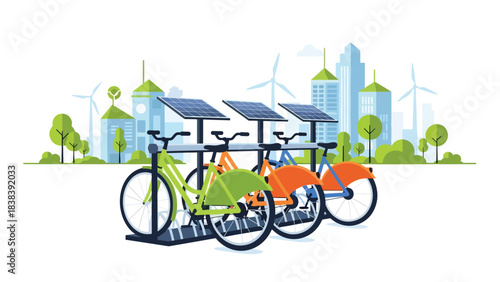 Flat illustration of a modern public bike-sharing station with multiple bikes and digital screen. Perfect for eco commuting, community transport, and smart mobility services