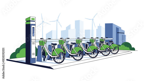 Flat illustration of a modern public bike-sharing station with multiple bikes and digital screen. Perfect for eco commuting, community transport, and smart mobility services