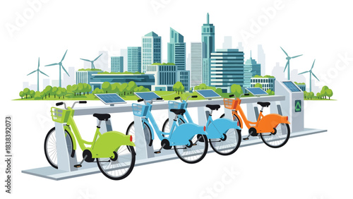 Flat illustration of a modern public bike-sharing station with multiple bikes and digital screen. Perfect for eco commuting, community transport, and smart mobility services