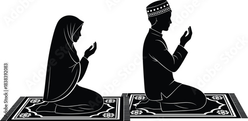 Prayer icon set, black silhouette figures in spiritual kneeling poses with headscarf and cap, cad drawing flat vector illustration