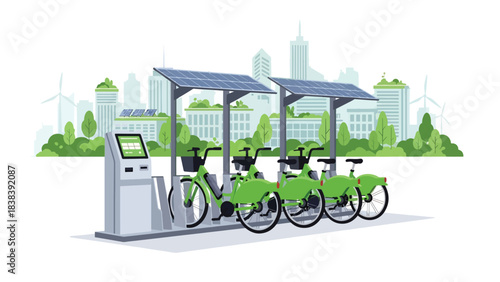 Flat illustration of a modern public bike-sharing station with multiple bikes and digital screen. Perfect for eco commuting, community transport, and smart mobility services
