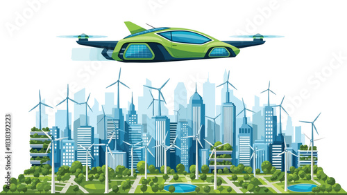 Flat illustration of futuristic flying cars navigating a digital sky highway with directional icons. Ideal for future technology, advanced transport, and flying vehicle concepts