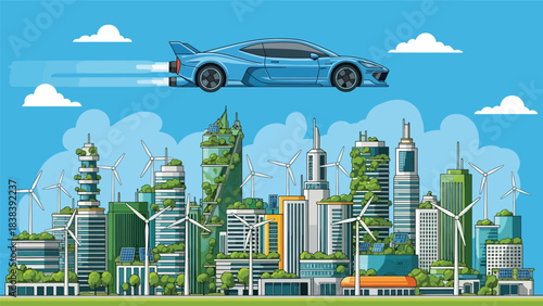 Flat illustration of futuristic flying cars navigating a digital sky highway with directional icons. Ideal for future technology, advanced transport, and flying vehicle concepts