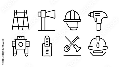 Construction Line Icons with Crane Ladder and Safety Elements