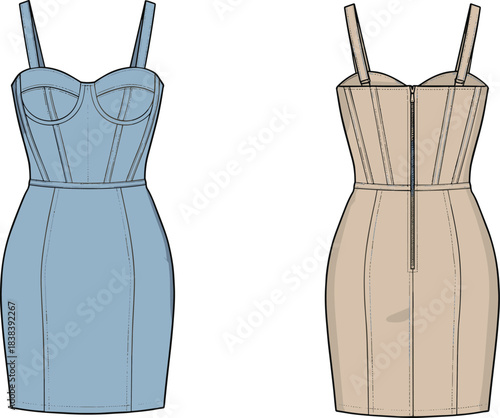 Elegant women’s fitted bustier dress technical fashion illustration showing front and back views with structured seams, straps, zipper, and contour detailing.