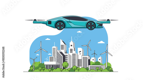 Flat illustration of futuristic flying cars navigating a digital sky highway with directional icons. Ideal for future technology, advanced transport, and flying vehicle concepts
