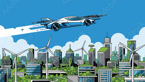 Flat illustration of futuristic flying cars navigating a digital sky highway with directional icons. Ideal for future technology, advanced transport, and flying vehicle concepts