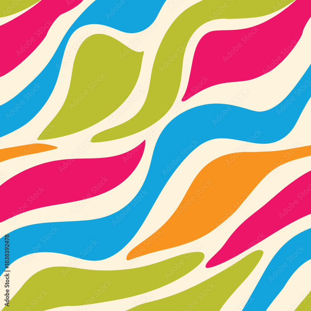 Fototapeta premium Abstract retro wavy pattern in bright pink, lime green, and cyan on cream background