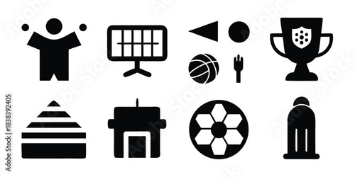 Set of solid black silhouette icons for soccer tournament, glyph style vector symbols including trophy, ball, stadium and player isolated on white background.
