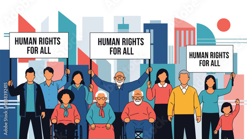Vector art of a diverse community peacefully marching for equality, holding signs supporting universal human rights, promoting social justice and inclusion in an urban public setting
