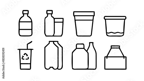 Minimalist outline icons of plastic related packaging and items