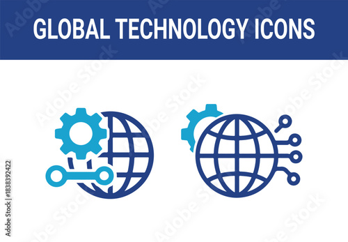 Modern global technology integration icons featuring world globe, gear symbol, and digital network connections, representing worldwide innovation, internet services, automation, and advanced connectiv