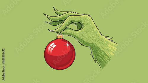 Furry green hand delicately holding a shiny red holiday bauble against a festive light green background, symbolizing seasonal mischief or holiday cheer