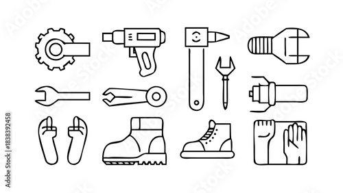 Set of construction tools icons in simple outline style