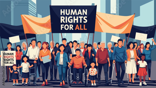 Vector art of a diverse community peacefully marching for equality, holding signs supporting universal human rights, promoting social justice and inclusion in an urban public setting