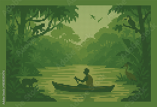 Amazon Rain forest River Canoe Halftone Pattern Green Jungle Nature Landscape Vector For Rhinestone Templates Dot Art Heat Transfer Mosaic Print