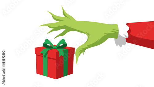 Whimsical green hand in a festive red sleeve reaching for a brightly wrapped red holiday present with a vibrant green bow, perfect for celebrating the season of giving
