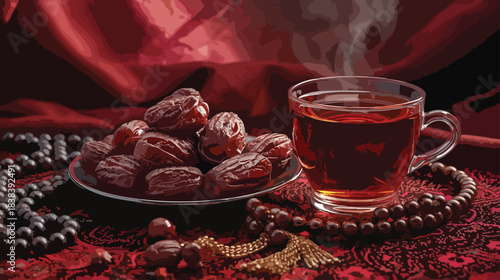 A steaming cup of tea and a plate of dates on a red patterned fabric with prayer beads, capturing a moment of serenity during Christmas. Perfect for festive greetings, holiday promotions,