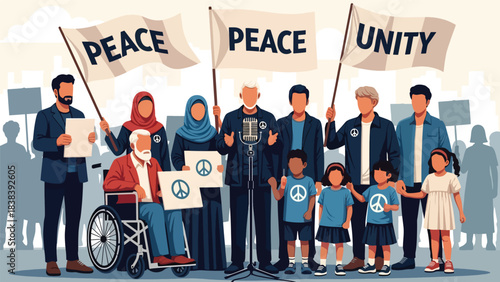 Vector art of a diverse community rallying for peace, justice, and unity, featuring a speaker, supportive crowd, and inclusive representation in an urban public demonstration