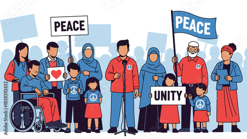 Vector art of a diverse community rallying for peace, justice, and unity, featuring a speaker, supportive crowd, and inclusive representation in an urban public demonstration