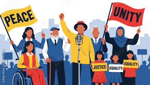 Vector art of a diverse community rallying for peace, justice, and unity, featuring a speaker, supportive crowd, and inclusive representation in an urban public demonstration