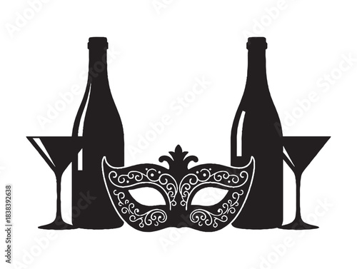 carnival mask and champagne,black and white party mask and bottle icons, elegant new year's eve celebration graphic elements
