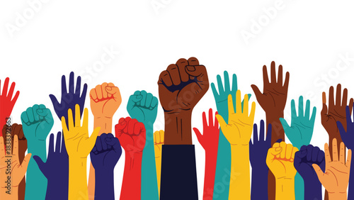 Vector art of raised hands holding peace, equality, and freedom symbols during a powerful social justice demonstration, expressing unity, activism, and collective empowerment in an urban setting