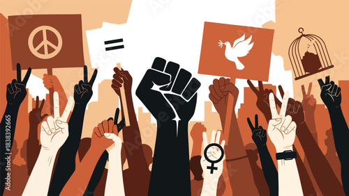 Vector art of raised hands holding peace, equality, and freedom symbols during a powerful social justice demonstration, expressing unity, activism, and collective empowerment in an urban setting
