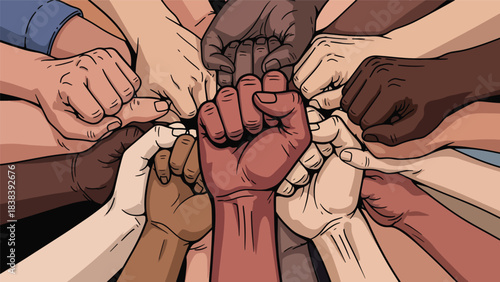 Vector art of raised hands holding peace, equality, and freedom symbols during a powerful social justice demonstration, expressing unity, activism, and collective empowerment in an urban setting
