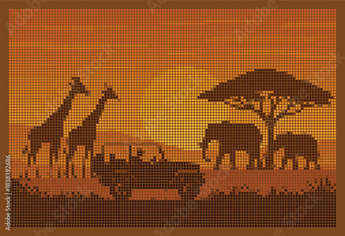 Rhinestone Halftone Savannah Safari Scene Vector Illustration Giraffes Elephants Vehicle Sunset Glow Orange Dot Matrix Mosaic African Wildlife Nature Poster Background